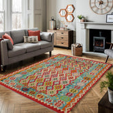 Flat Weave Kilim Antique Navaho Vintage handmade Geometric Kilim Red Blue Hand-Woven Rectangle 100% Wool Area Rug 8x10